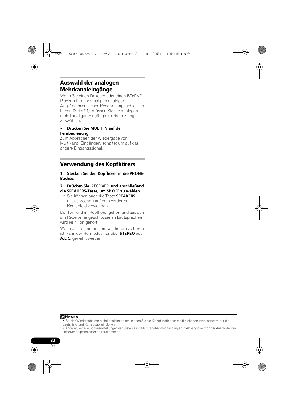 Auswahl der analogen mehrkanaleingänge, Verwendung des kopfhörers | Pioneer VSX-420-K User Manual | Page 76 / 180