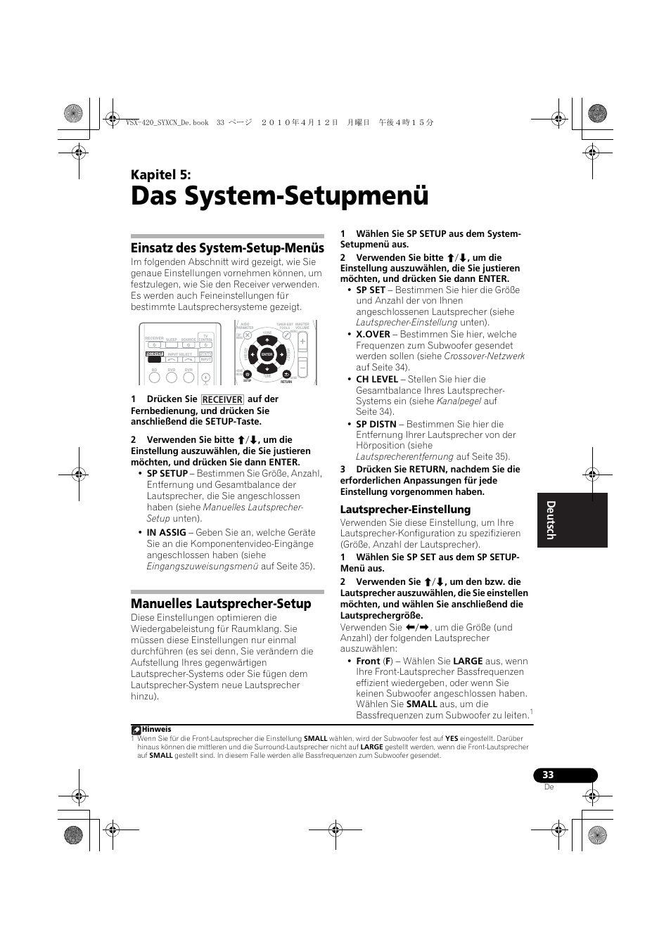 05 das system-setupmenü, Einsatz des system-setup-menüs, Manuelles lautsprecher-setup | Lautsprecher-einstellung, Das system-setupmenü, Kapitel 5 | Pioneer VSX-420-K User Manual | Page 77 / 180