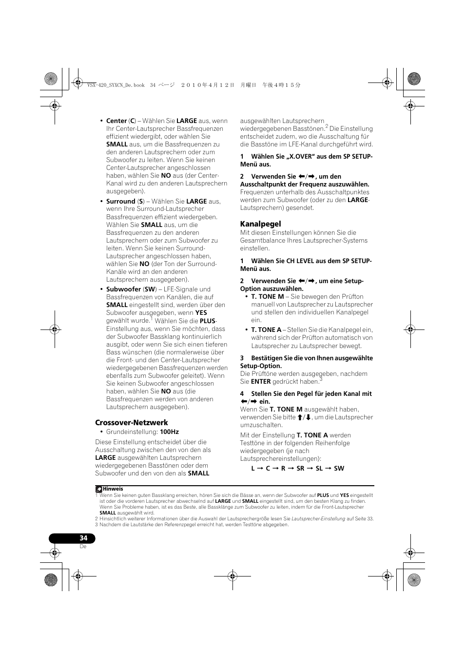 Crossover-netzwerk, Kanalpegel | Pioneer VSX-420-K User Manual | Page 78 / 180