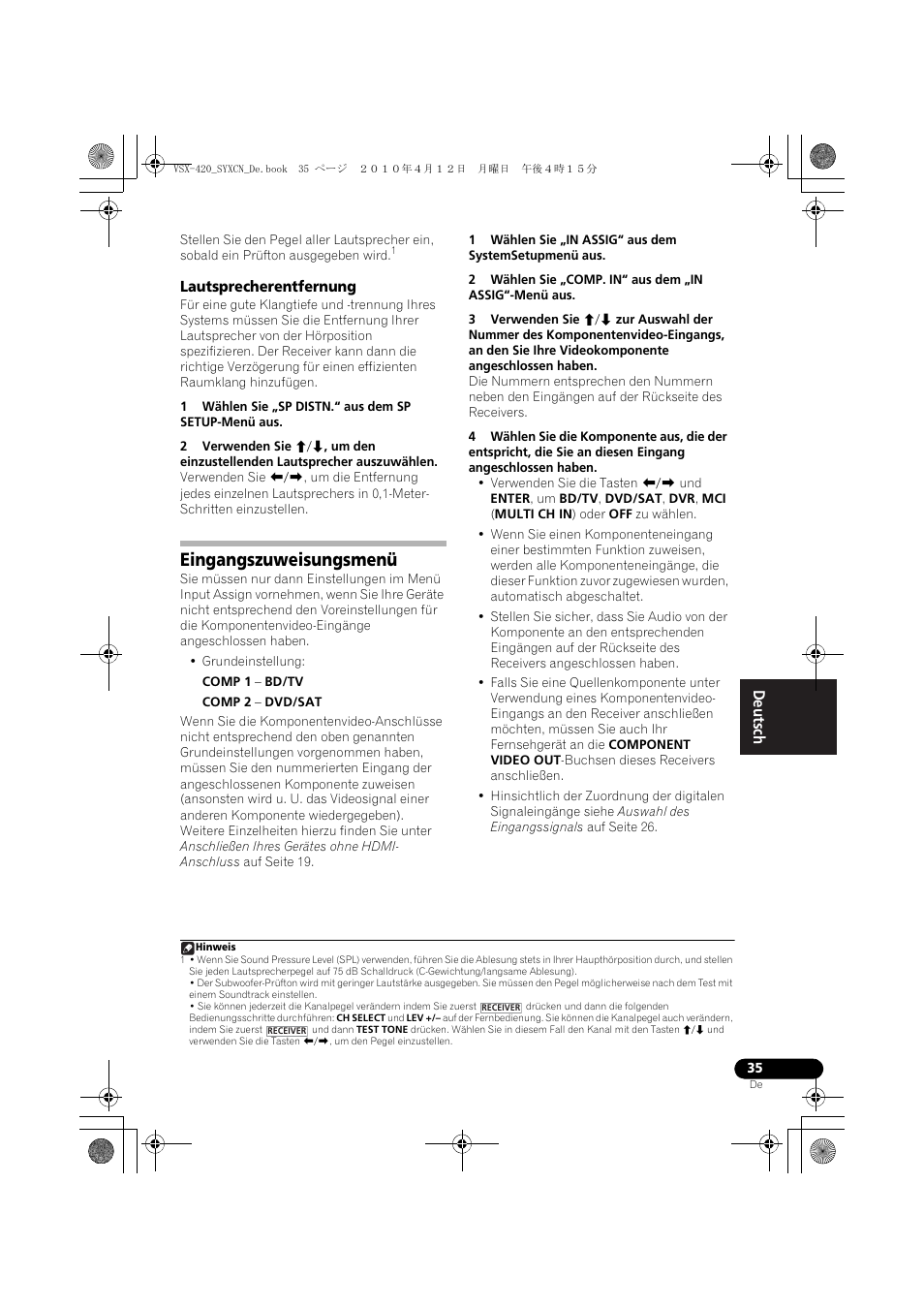 Lautsprecherentfernung, Eingangszuweisungsmenü | Pioneer VSX-420-K User Manual | Page 79 / 180