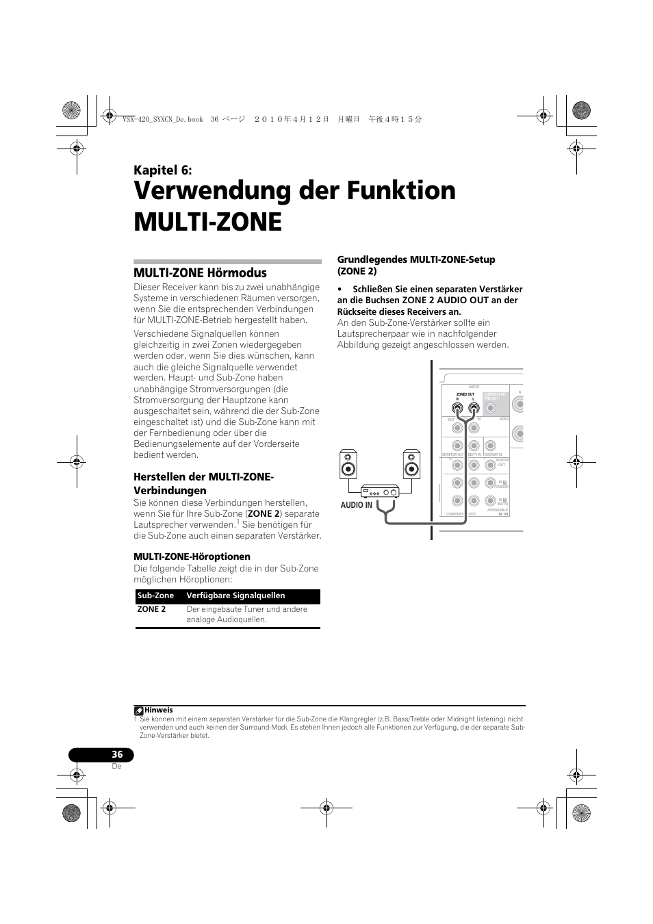 06 verwendung der funktion multi-zone, Multi-zone hörmodus, Herstellen der multi-zone-verbindungen | Verwendung der funktion multi-zone, Kapitel 6, Herstellen der multi-zone- verbindungen, Multi-zone-höroptionen, Grundlegendes multi-zone-setup (zone 2) | Pioneer VSX-420-K User Manual | Page 80 / 180