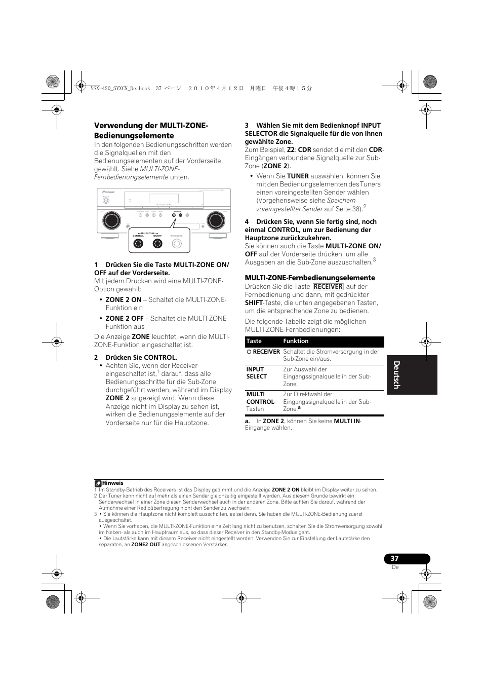 Verwendung der multi-zone- bedienungselemente | Pioneer VSX-420-K User Manual | Page 81 / 180