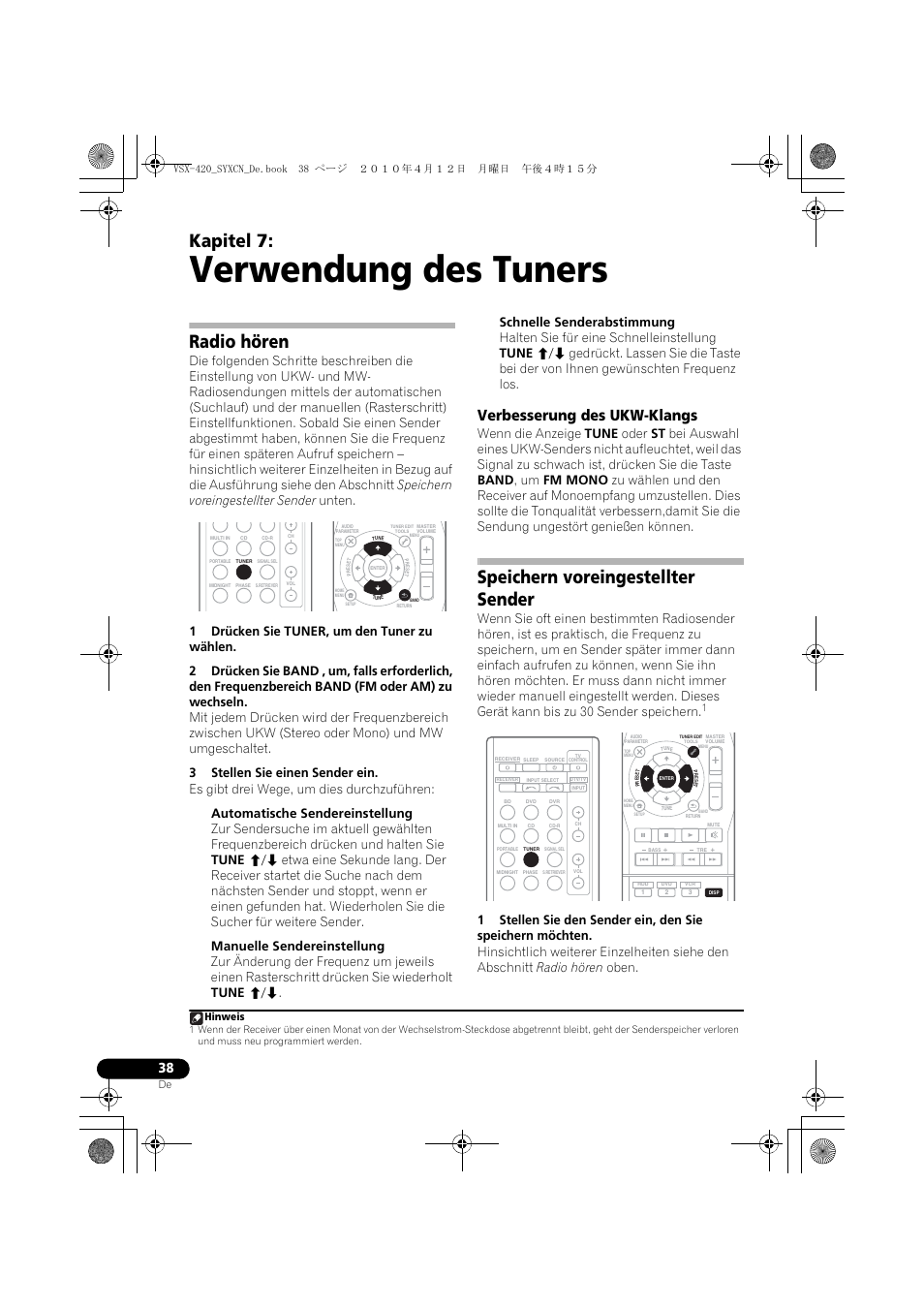 07 verwendung des tuners, Radio hören, Verbesserung des ukw-klangs | Speichern voreingestellter sender, Verwendung des tuners, Kapitel 7, Hinweis | Pioneer VSX-420-K User Manual | Page 82 / 180