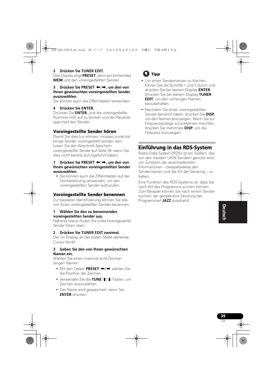 Voreingestellte sender hören, Voreingestellte sender benennen, Einführung in das rds-system | Pioneer VSX-420-K User Manual | Page 83 / 180