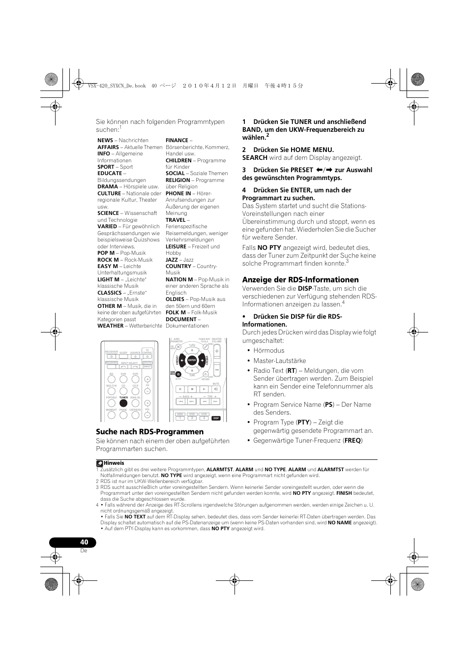 Suche nach rds-programmen, Anzeige der rds-informationen, Sie können nach folgenden programmtypen suchen | Pioneer VSX-420-K User Manual | Page 84 / 180