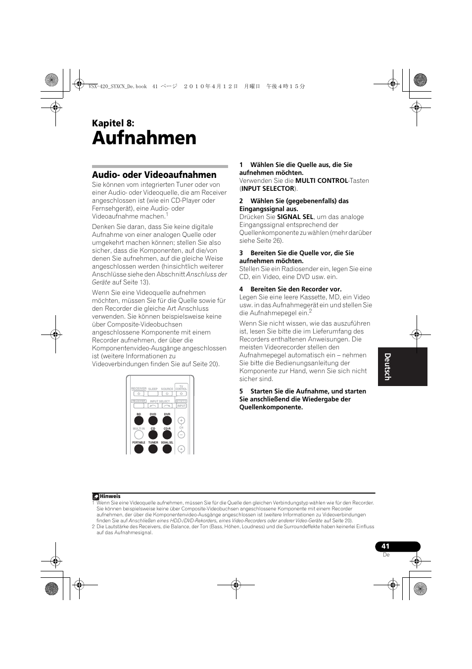 08 aufnahmen, Audio- oder videoaufnahmen, Aufnahmen | Kapitel 8 | Pioneer VSX-420-K User Manual | Page 85 / 180