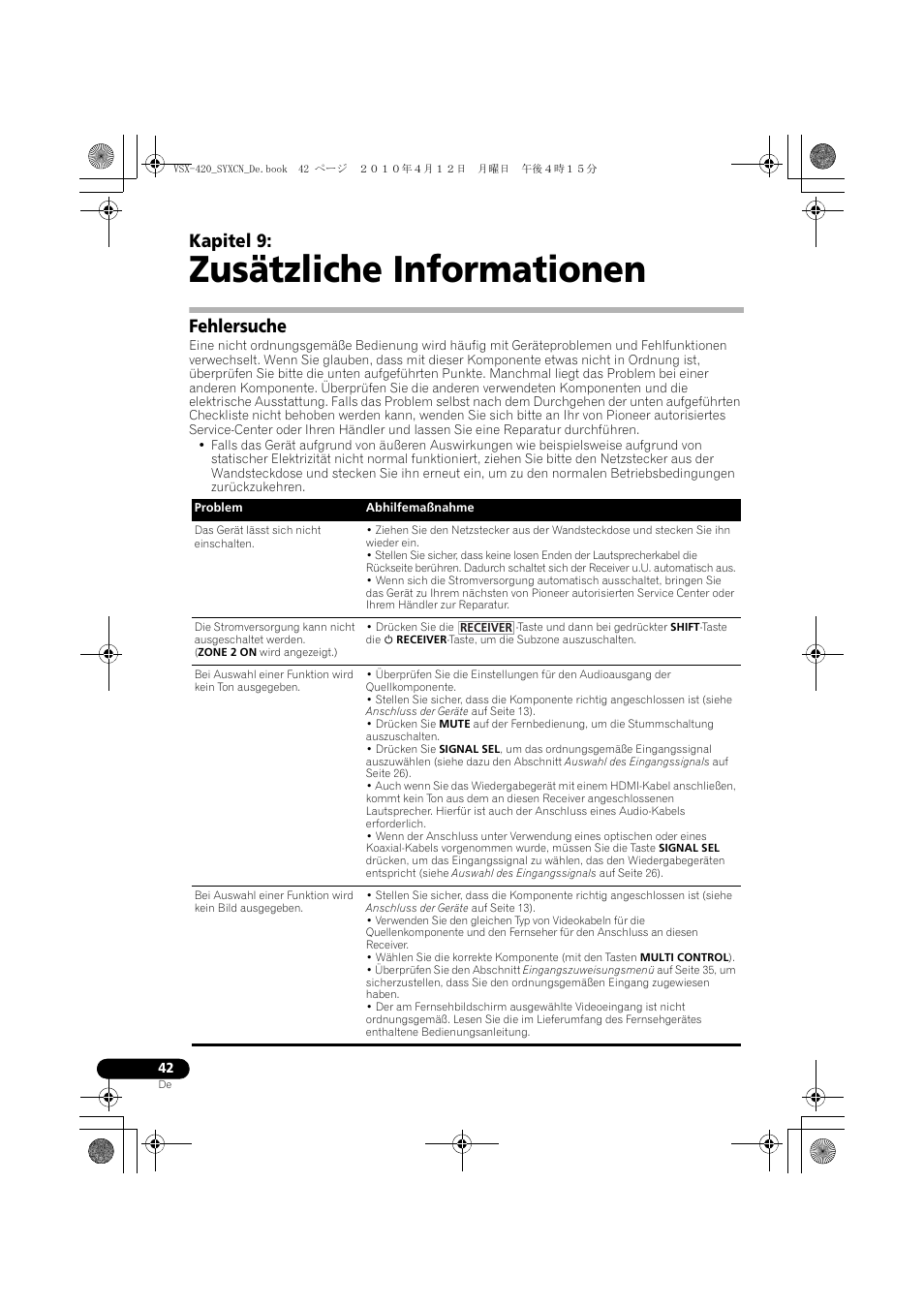 09 zusätzliche informationen, Fehlersuche, Zusätzliche informationen | Kapitel 9 | Pioneer VSX-420-K User Manual | Page 86 / 180