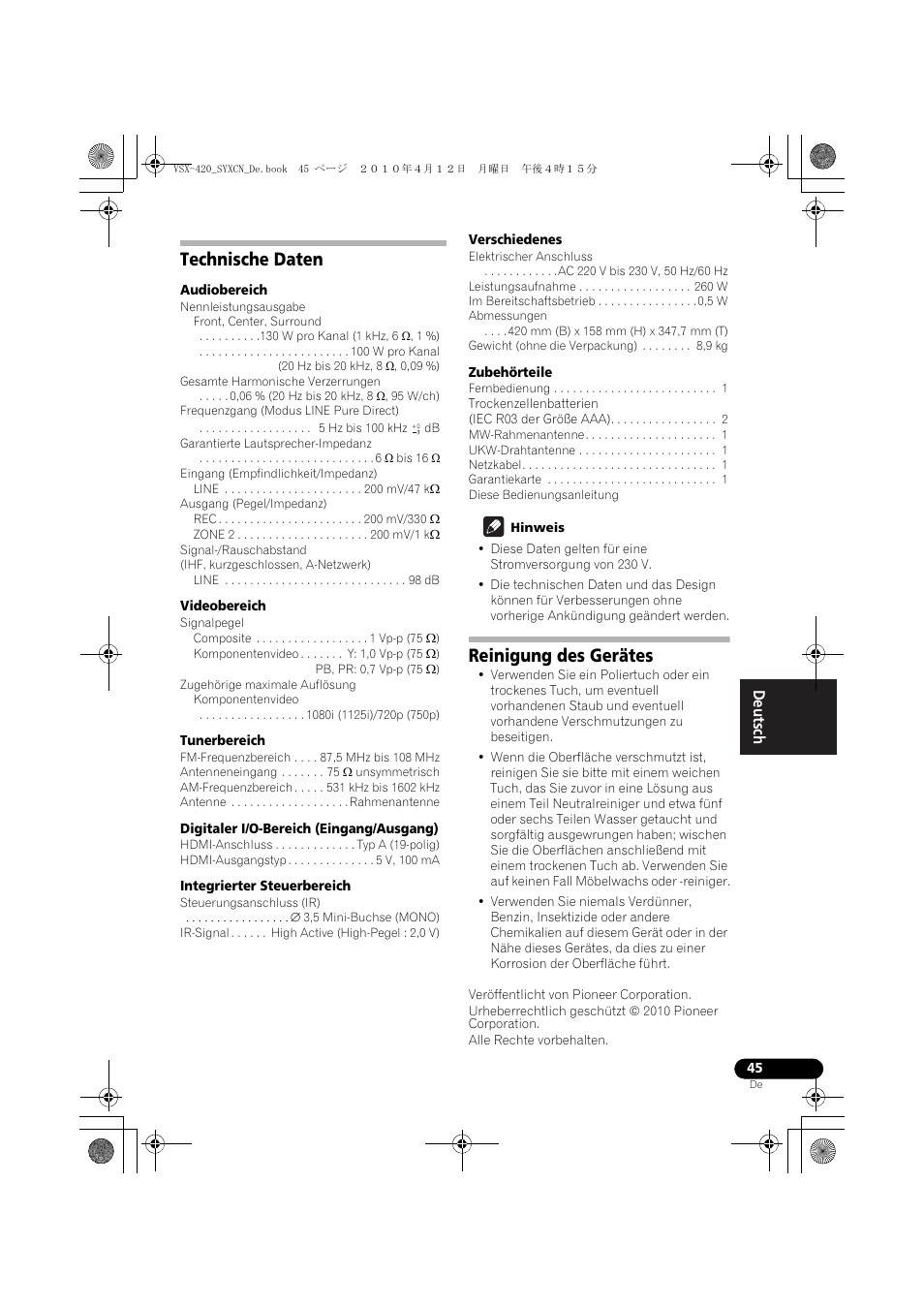 Technische daten, Reinigung des gerätes | Pioneer VSX-420-K User Manual | Page 89 / 180