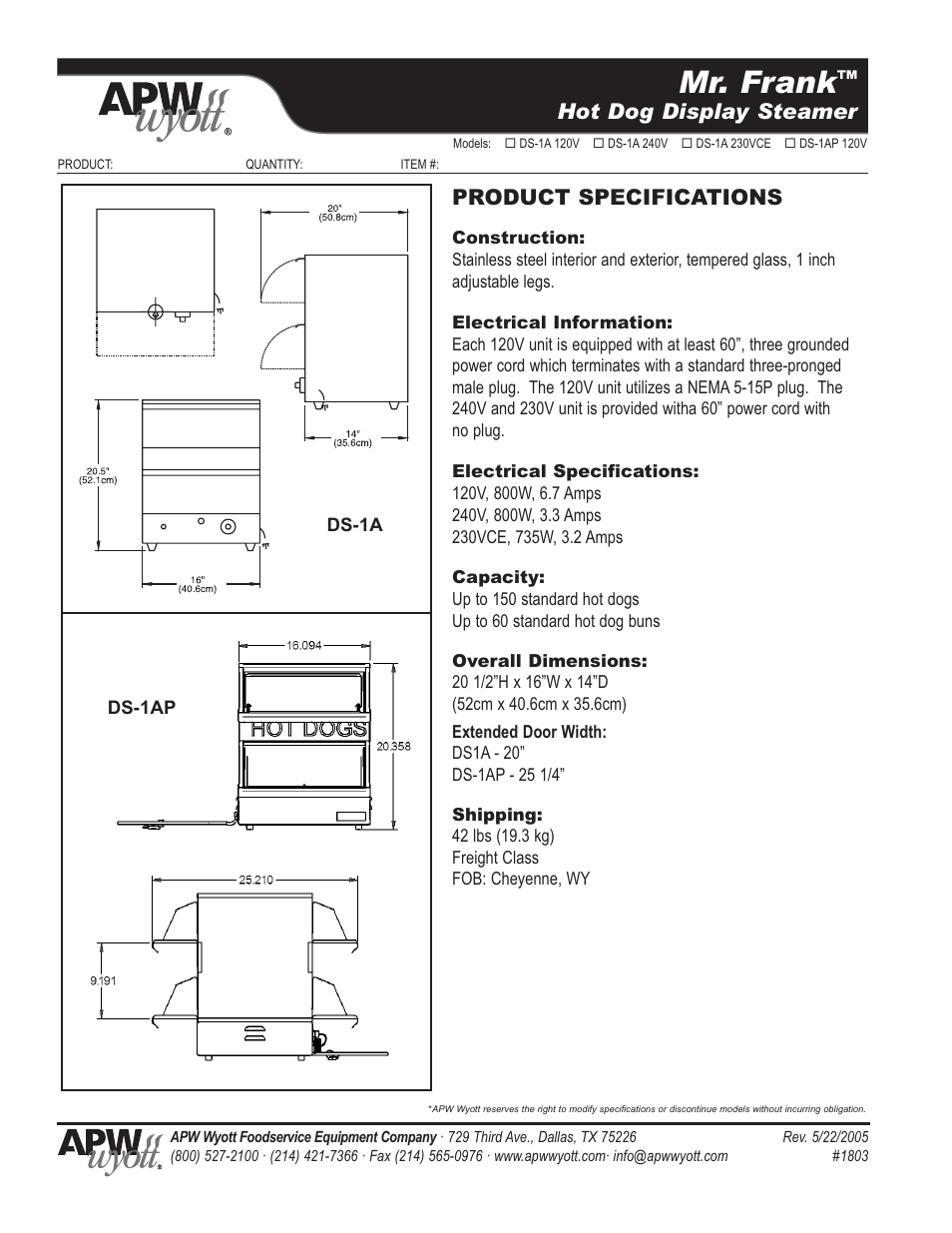 Mr. frank, Hot dog display steamer, Product specifications | APW Wyott DS1A User Manual | Page 2 / 2