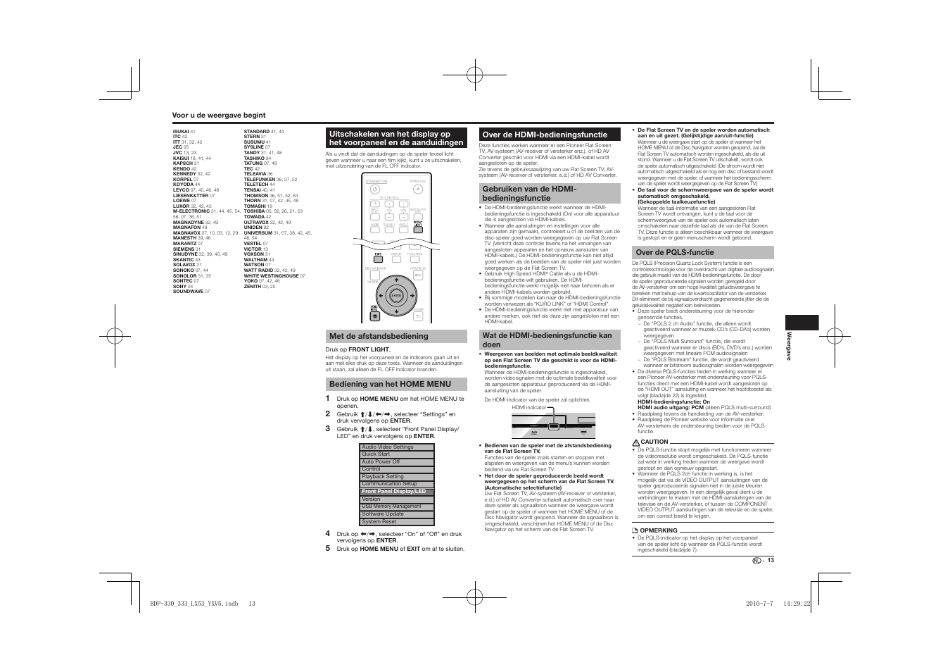 Uitschakelen van het display op het voorpaneel en, De aanduidingen, Over de hdmi-bedieningsfunctie | Pqls usb fl off hdmi open/close | Pioneer BDP-LX53 User Manual | Page 105 / 156