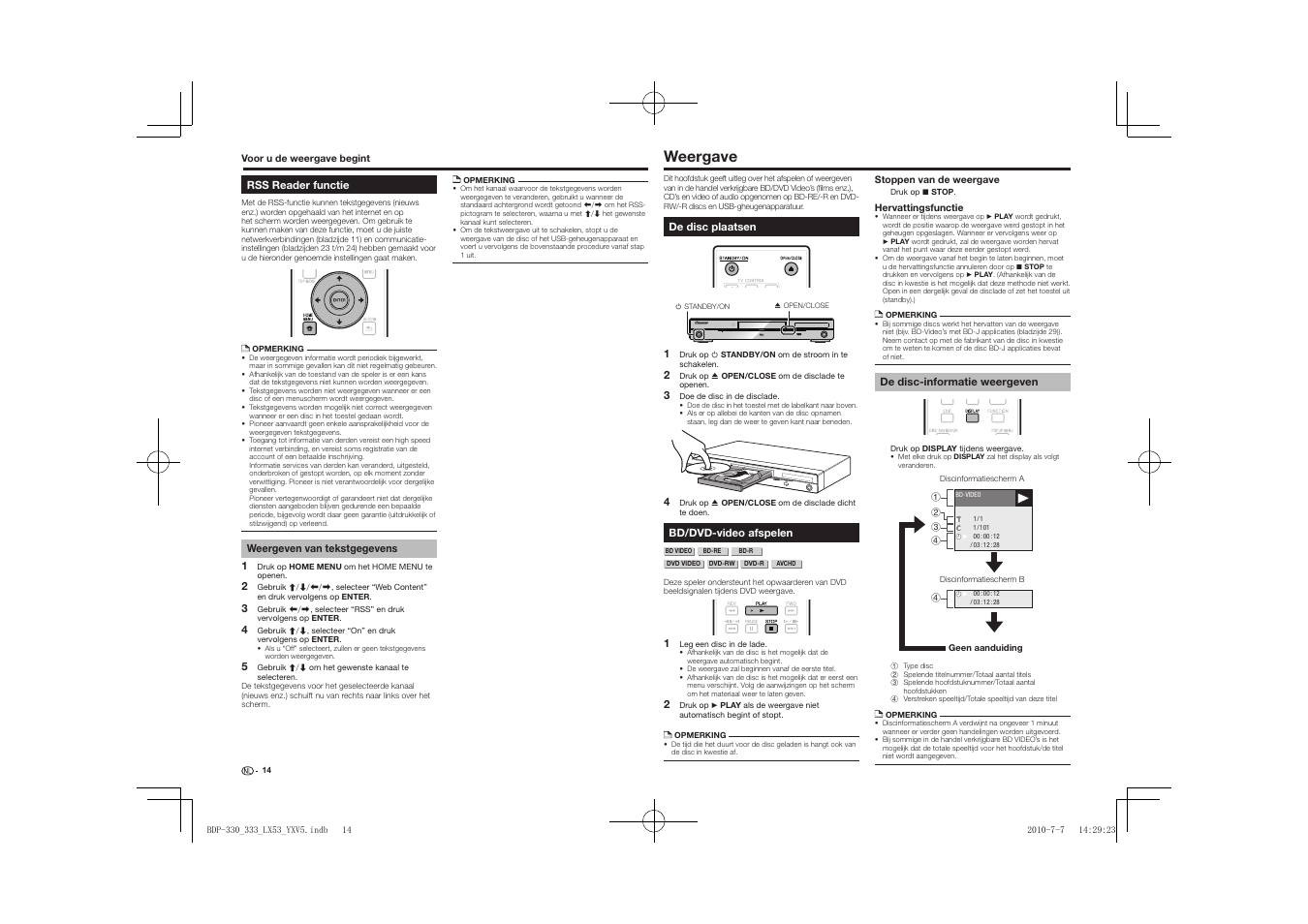 Rss reader functie, Weergeven van tekstgegevens, Weergave | De disc plaatsen bd/dvd-video afspelen, De disc-informatie weergeven, Standby/on pqls usb fl off hdmi open/close | Pioneer BDP-LX53 User Manual | Page 106 / 156