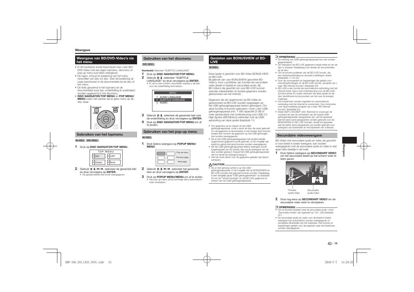Weergave van bd/dvd-video’s via het menu, Genieten van bonusview of bd-live, Secundaire videoweergave | Pioneer BDP-LX53 User Manual | Page 107 / 156