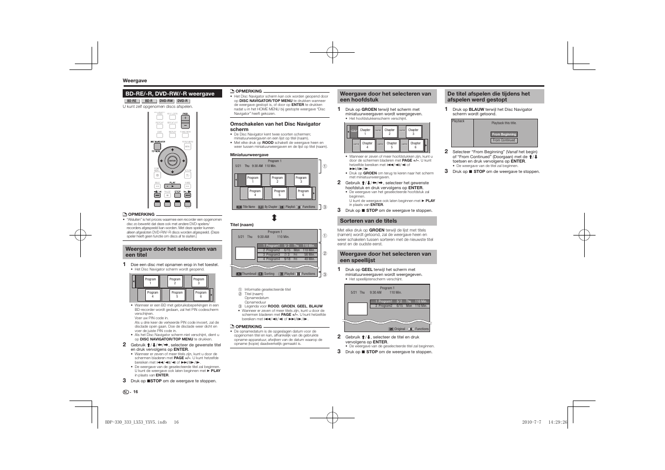 Bd-re/-r, dvd-rw/-r weergave, De titel afspelen die tijdens het afspelen werd, Gestopt | Pioneer BDP-LX53 User Manual | Page 108 / 156