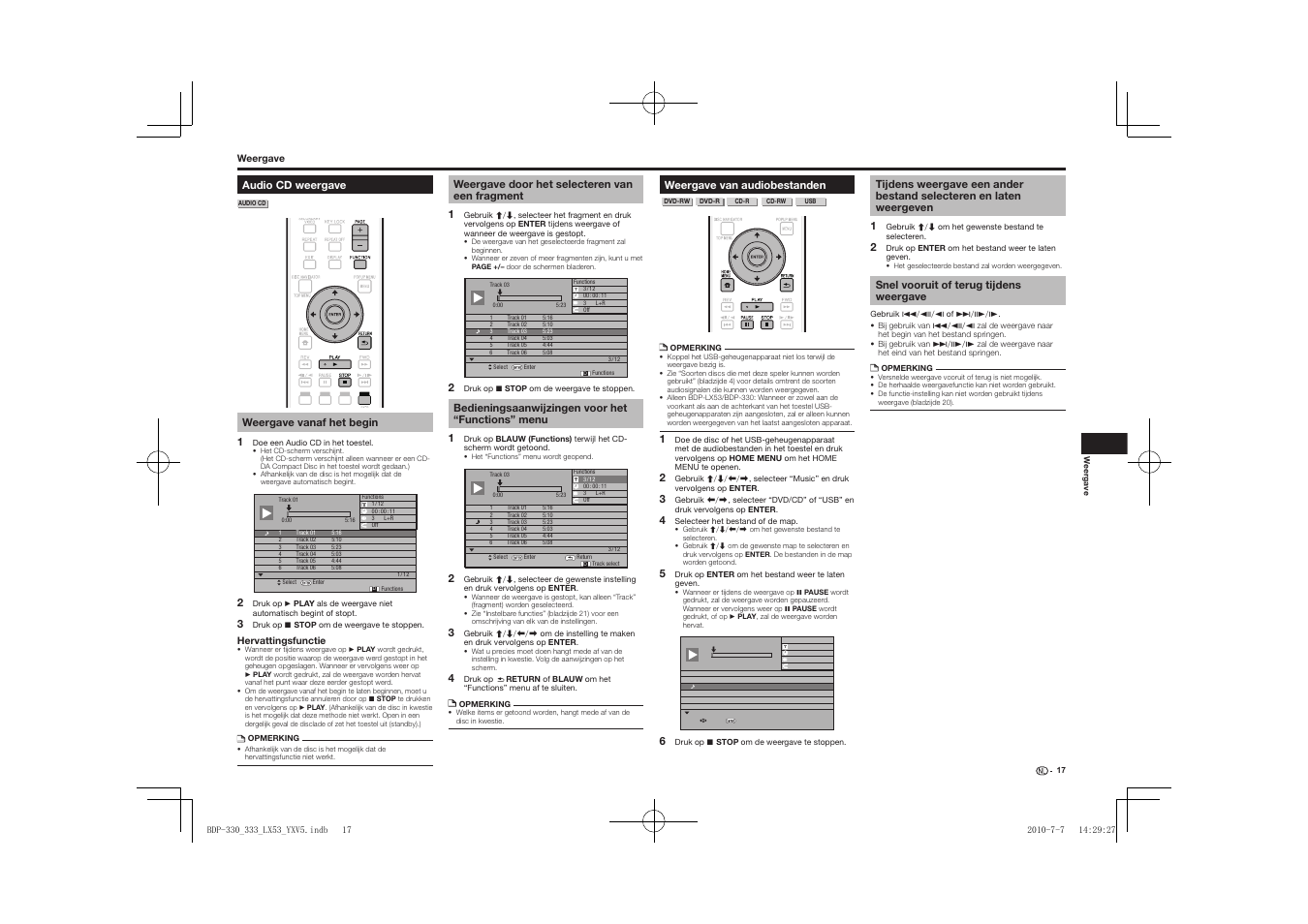 Audio cd weergave, Weergave van audiobestanden, Tijdens weergave een ander bestand selecteren en | Laten weergeven, Snel vooruit of terug tijdens weergave | Pioneer BDP-LX53 User Manual | Page 109 / 156