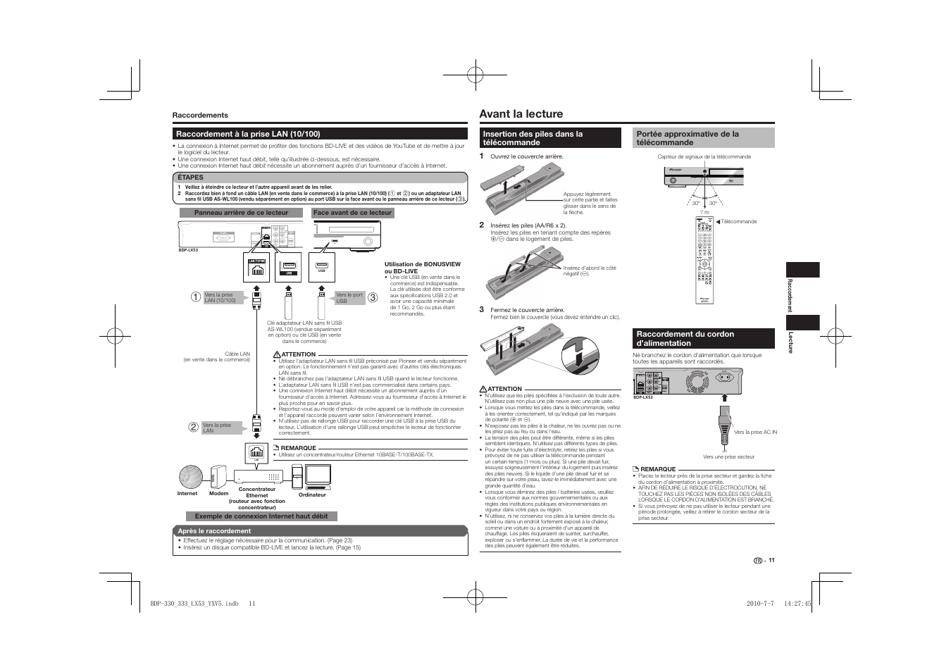 Raccordement à la prise lan (10/100), Avant la lecture, Insertion des piles dans la télécommande | Portée approximative de la télécommande, Raccordement du cordon d’alimentation, Usb fl off open/close usb usb, Usb ac in, Standby/on pqls | Pioneer BDP-LX53 User Manual | Page 11 / 156