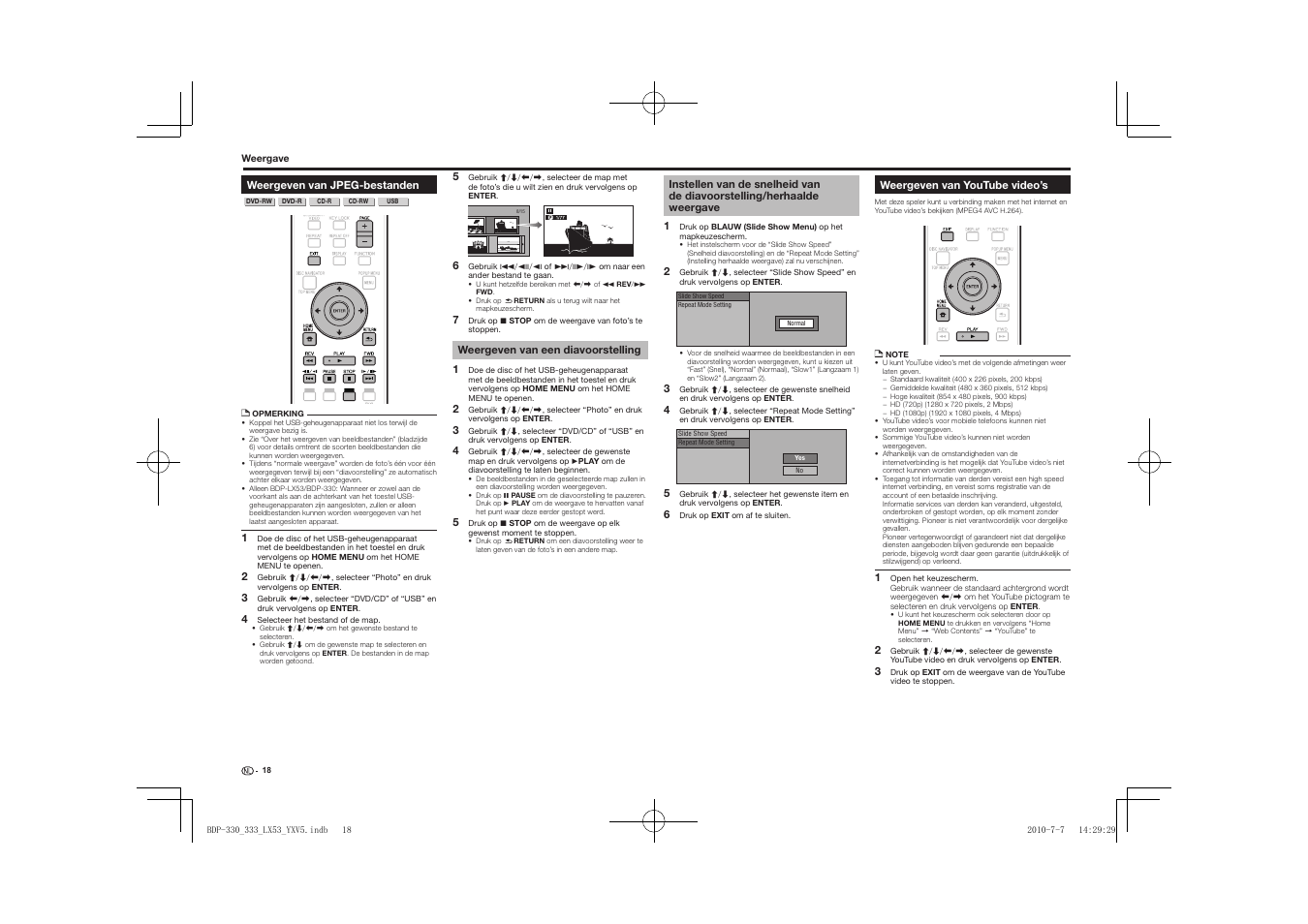 Weergeven van jpeg-bestanden, Herhaalde weergave, Weergeven van youtube video’s | Pioneer BDP-LX53 User Manual | Page 110 / 156