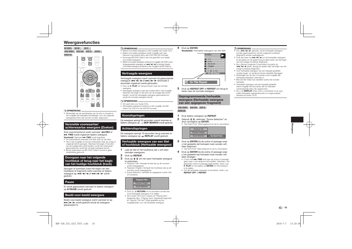 Weergavefuncties, Het begin van het huidige hoofdstuk (track), Herhaalde weergave) | Geprogrammeerde herhaalde weergave (herhaalde, Weergave van een opgegeven fragment) | Pioneer BDP-LX53 User Manual | Page 111 / 156