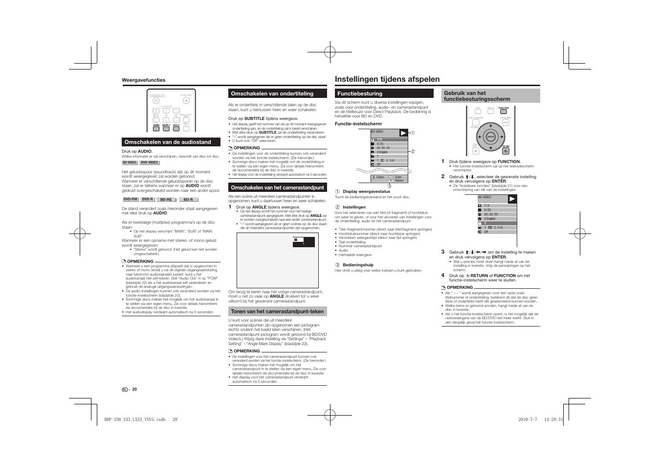 Tonen van het camerastandpunt-teken, Instellingen tijdens afspelen, Functiebesturing | Gebruik van het functiebesturingsscherm | Pioneer BDP-LX53 User Manual | Page 112 / 156