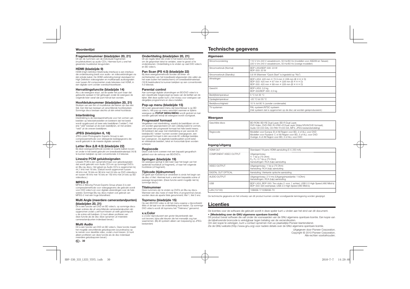 Technische gegevens licenties, Technische gegevens, Licenties | Pioneer BDP-LX53 User Manual | Page 122 / 156