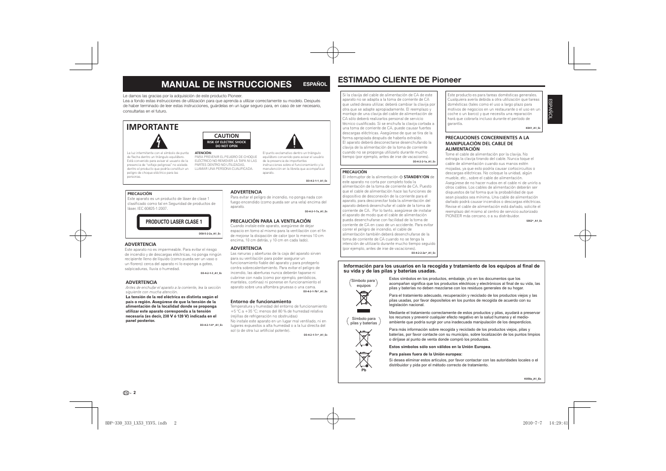 Manual de instrucciones, Importante, Estimado cliente de pioneer | Pioneer BDP-LX53 User Manual | Page 124 / 156