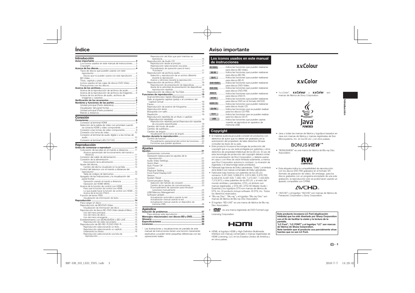 Ual de instrucciones, Reproductor de blu-ray disc, Índice | Aviso importante | Pioneer BDP-LX53 User Manual | Page 125 / 156