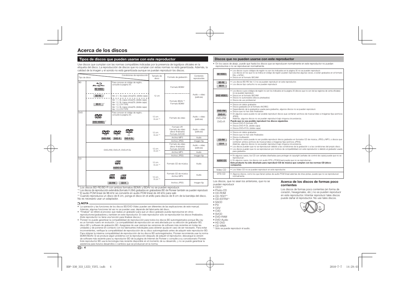 Acerca de los discos, Tipos de discos que pueden usarse con este, Reproductor | Discos que no pueden usarse con este reproductor | Pioneer BDP-LX53 User Manual | Page 126 / 156