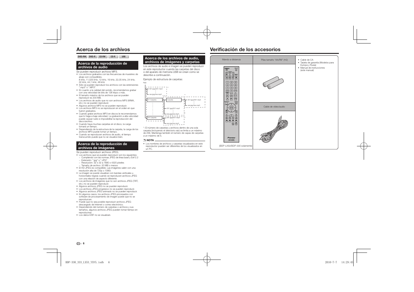 Acerca de los archivos, Imágenes y carpetas, Verificación de los accesorios | Pioneer BDP-LX53 User Manual | Page 128 / 156