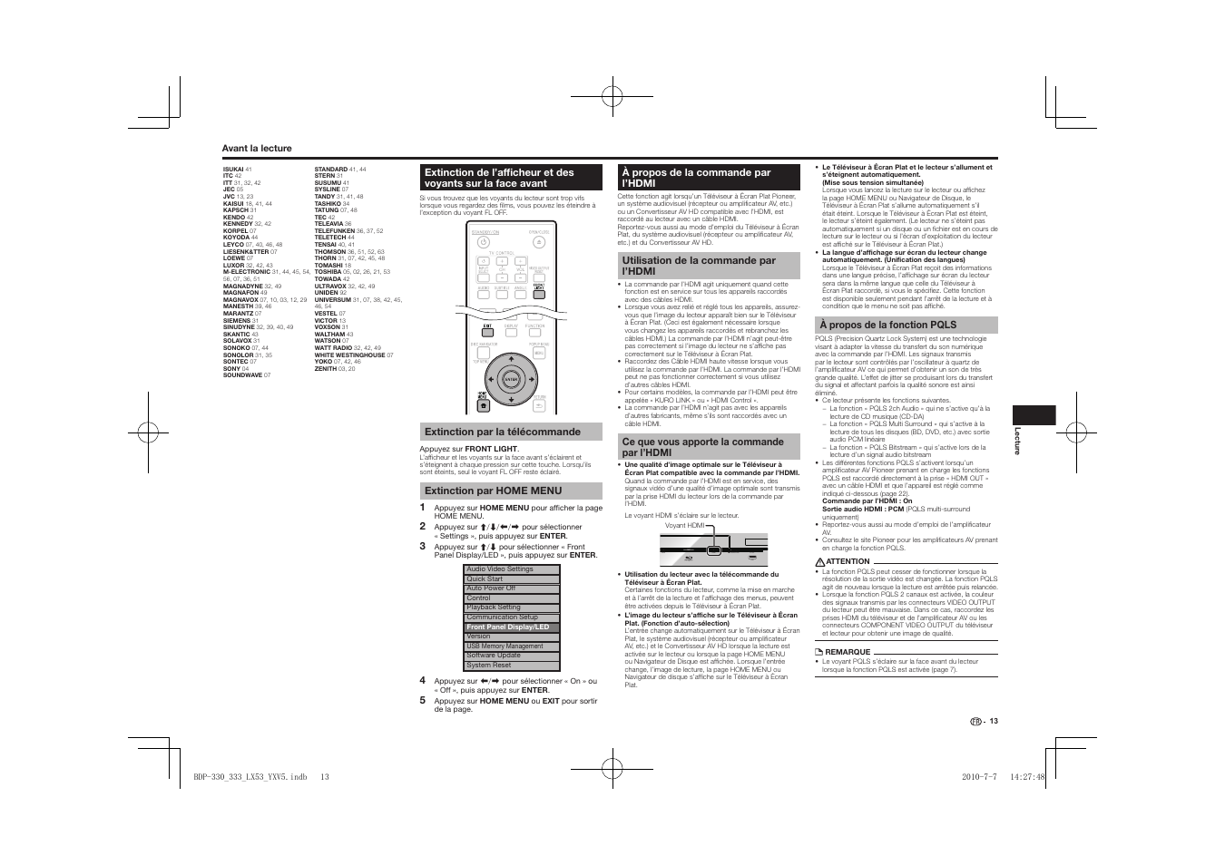 Avant, À propos de la commande par l’hdmi, Pqls usb fl off hdmi open/close | Pioneer BDP-LX53 User Manual | Page 13 / 156