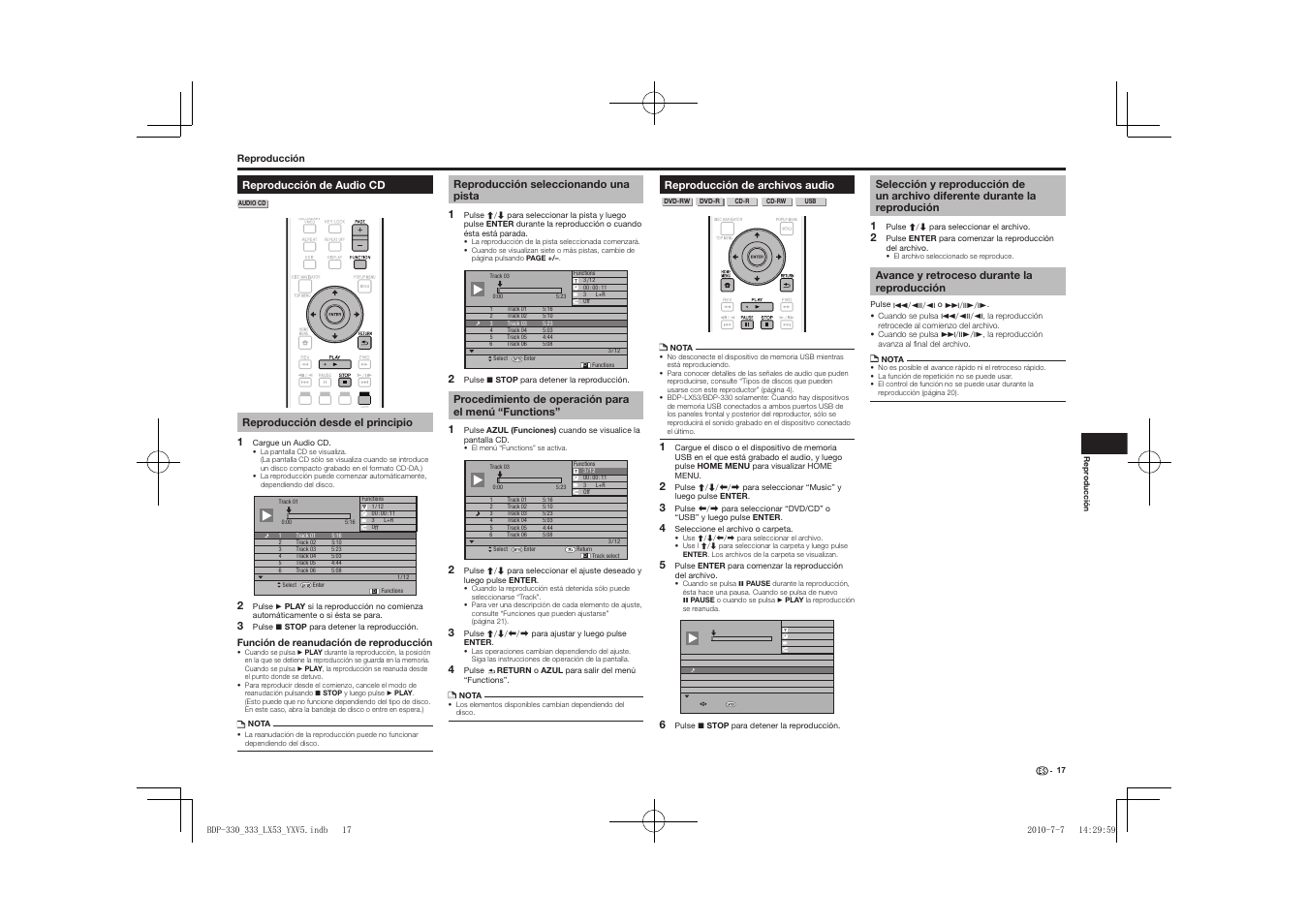 Reproducción de audio cd, Functions, Reproducción de archivos audio | Selección y reproducción de un archivo diferente, Durante la reprodución, Avance y retroceso durante la reproducción | Pioneer BDP-LX53 User Manual | Page 139 / 156