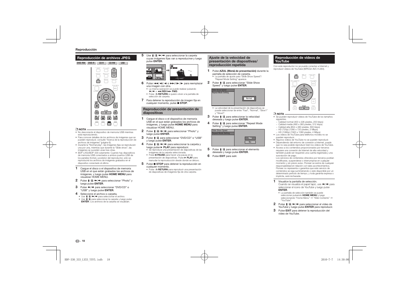 Reproducción de archivos jpeg, Reproducción repetida, Reproducción de vídeos de youtube | Pioneer BDP-LX53 User Manual | Page 140 / 156