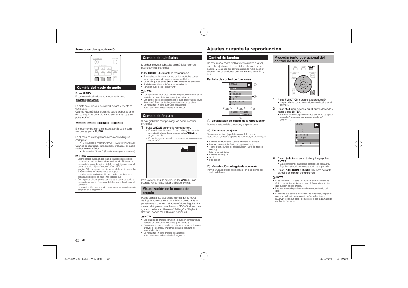 Visualización de la marca de ángulo, Ajustes durante la reproducción, Control de función | Procedimiento operacional del control de funciones | Pioneer BDP-LX53 User Manual | Page 142 / 156