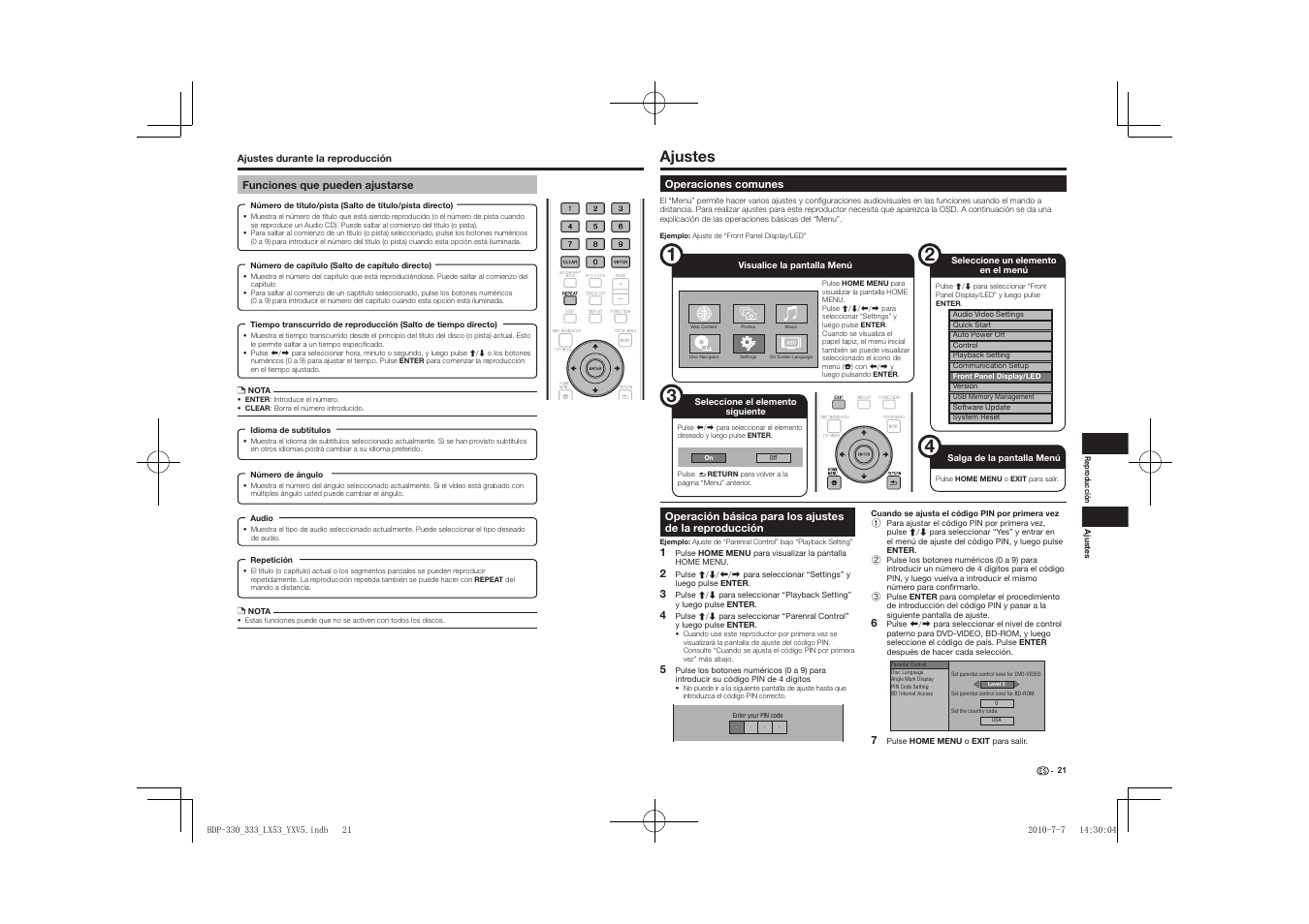 Funciones que pueden ajustarse, Ajustes, Reproducción | Pioneer BDP-LX53 User Manual | Page 143 / 156