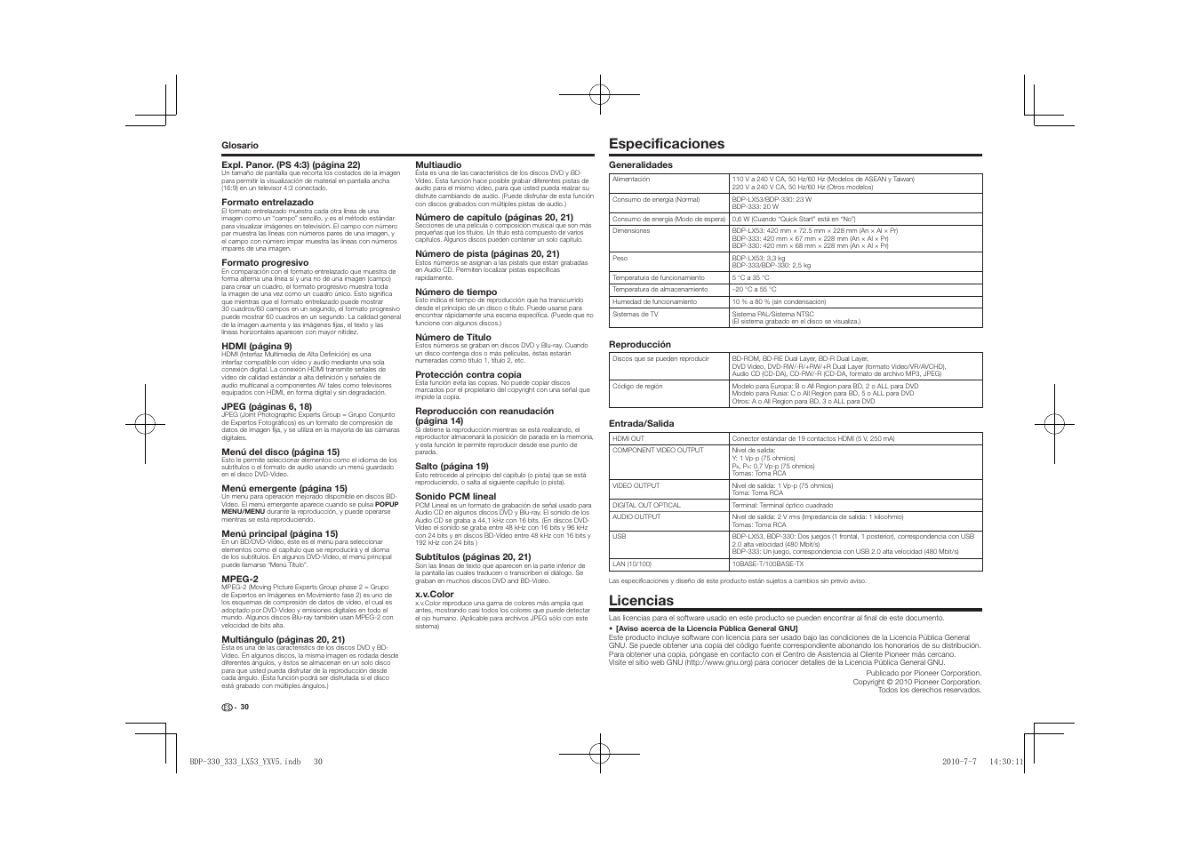 Especificaciones licencias, Especificaciones, Licencias | Pioneer BDP-LX53 User Manual | Page 152 / 156
