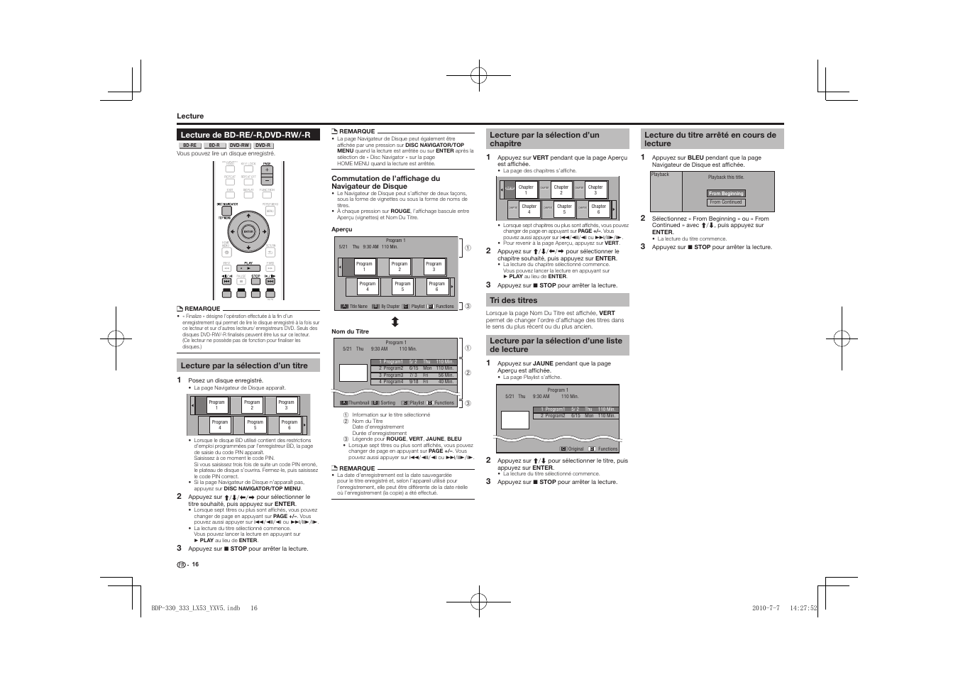 Lecture de bd-re/-r,dvd-rw/-r | Pioneer BDP-LX53 User Manual | Page 16 / 156