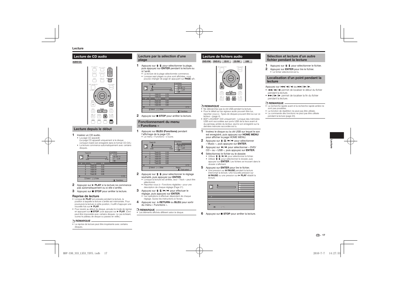 Lecture de cd audio, Lecture de fichiers audio, Sélection et lecture d’un autre fichier pendant la | Lecture, Localisation d’un point pendant la lecture | Pioneer BDP-LX53 User Manual | Page 17 / 156