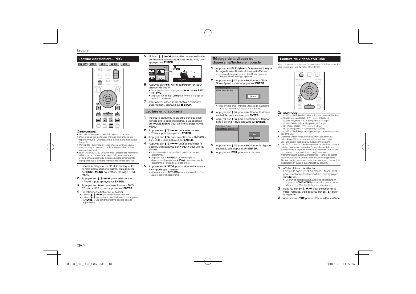 Lecture des fichiers jpeg, Boucle, Lecture de vidéos youtube | Pioneer BDP-LX53 User Manual | Page 18 / 156