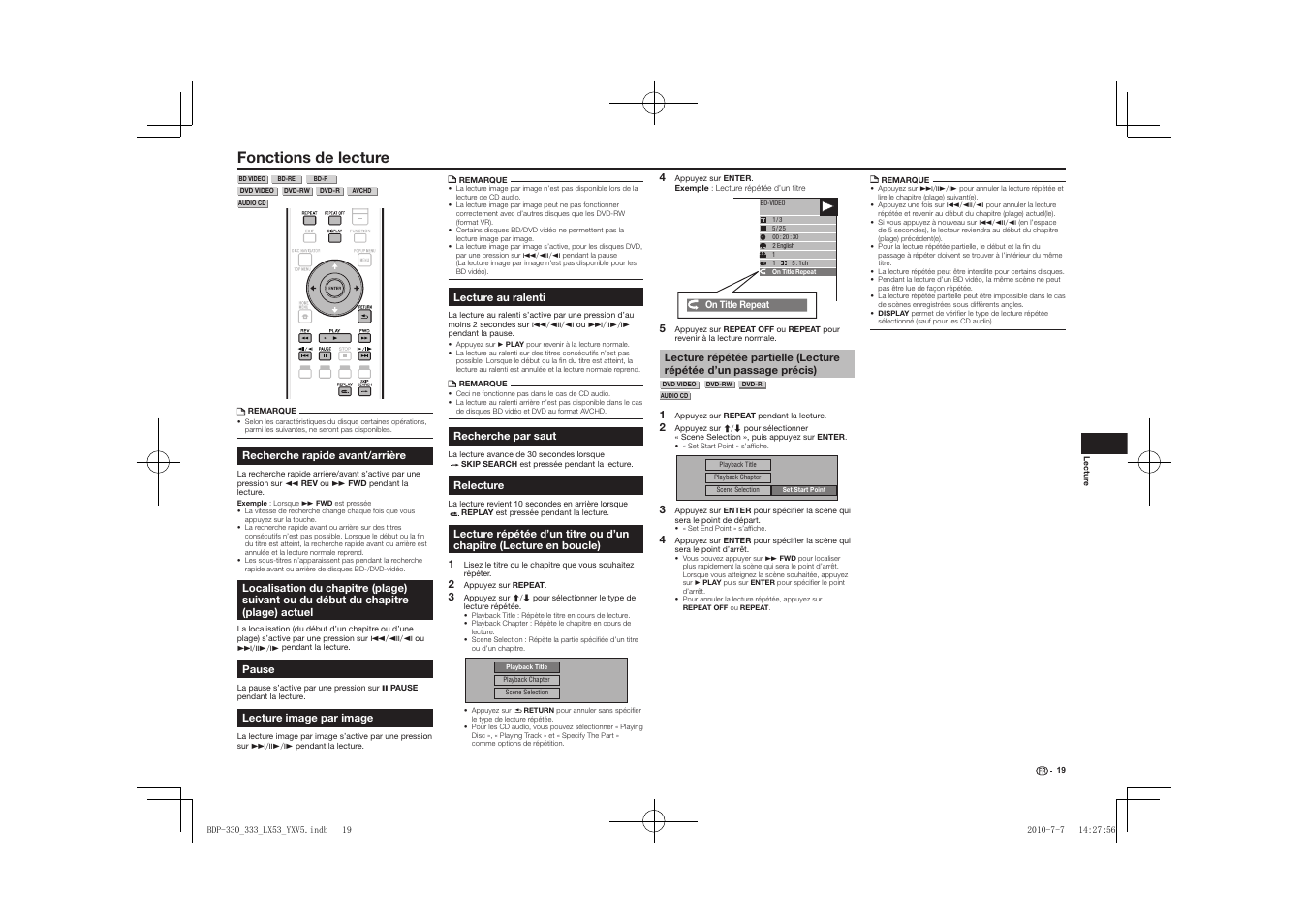 Fonctions de lecture, Chapitre (plage) actuel, Boucle) | Précis) | Pioneer BDP-LX53 User Manual | Page 19 / 156