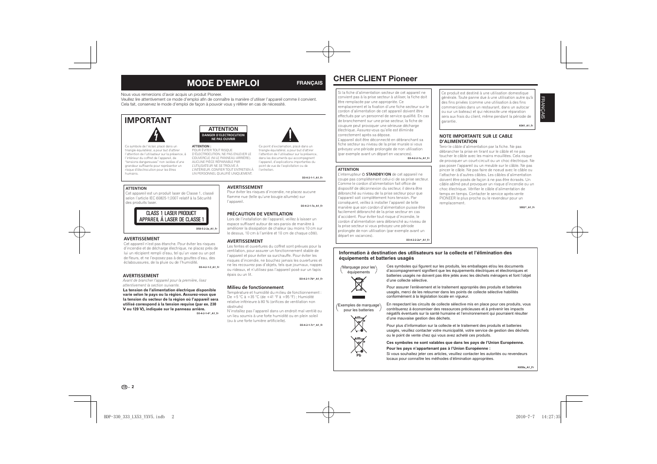 Mode d’emploi, Important, Cher client pioneer | Pioneer BDP-LX53 User Manual | Page 2 / 156