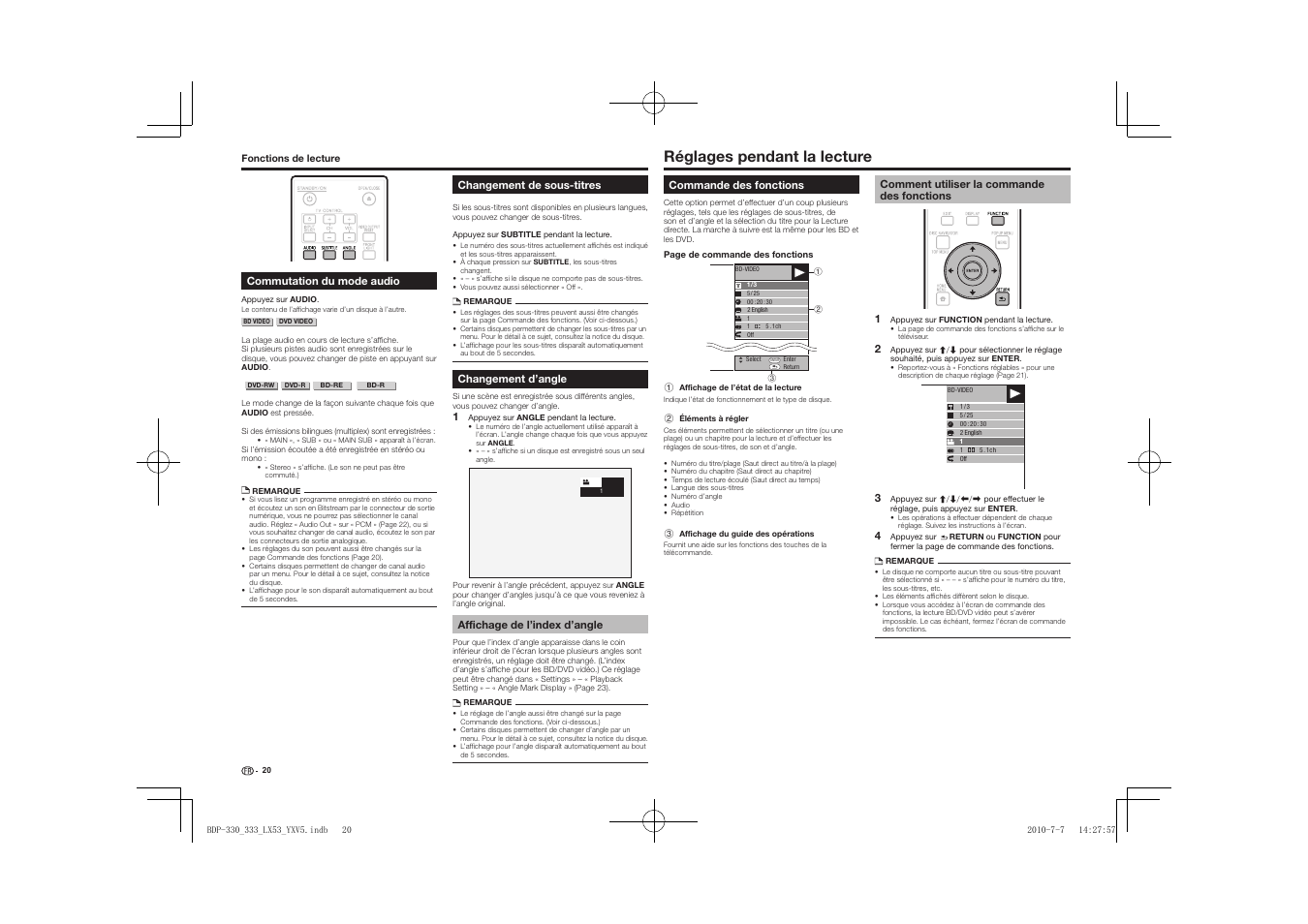 Affichage de l’index d’angle, Réglages pendant la lecture, Commande des fonctions | Comment utiliser la commande des fonctions | Pioneer BDP-LX53 User Manual | Page 20 / 156