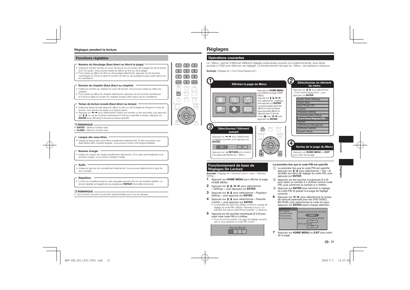 Fonctions réglables, Réglages | Pioneer BDP-LX53 User Manual | Page 21 / 156