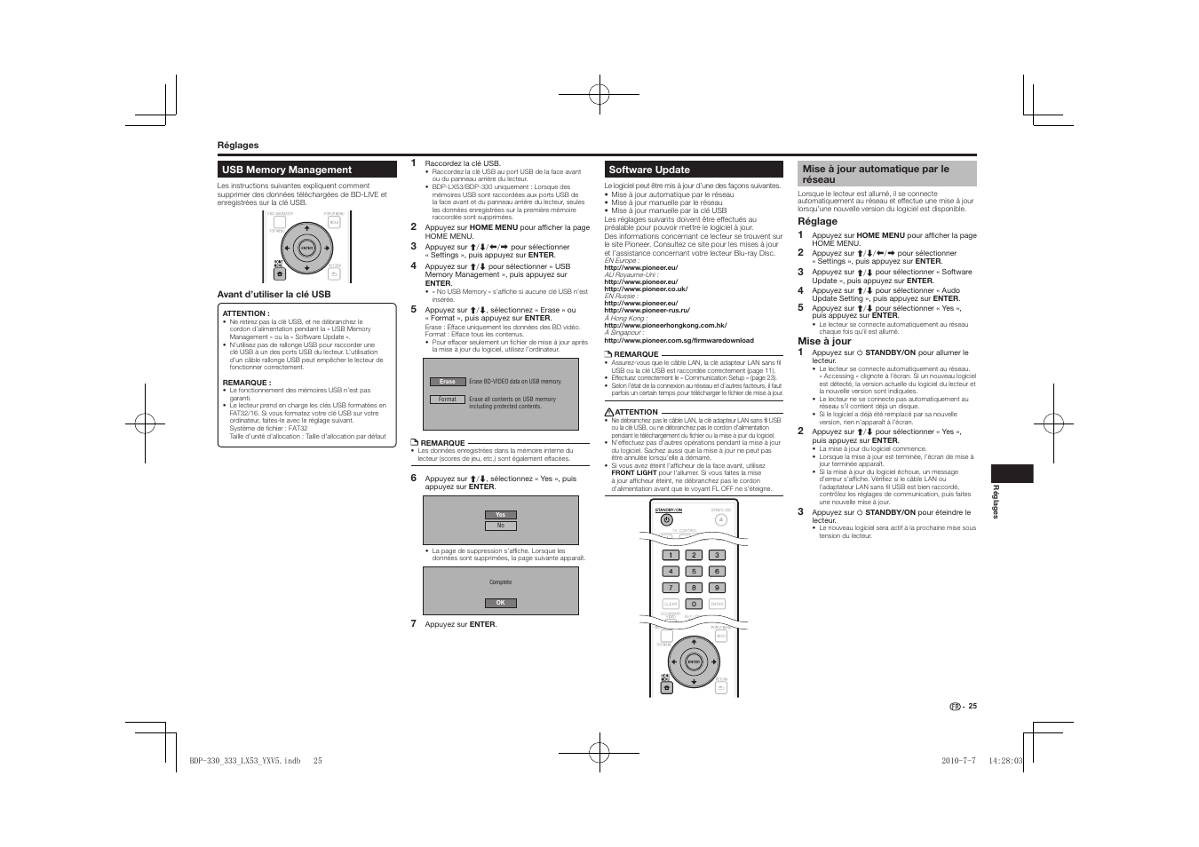 Usb memory management software update, Mise à jour automatique par le réseau | Pioneer BDP-LX53 User Manual | Page 25 / 156