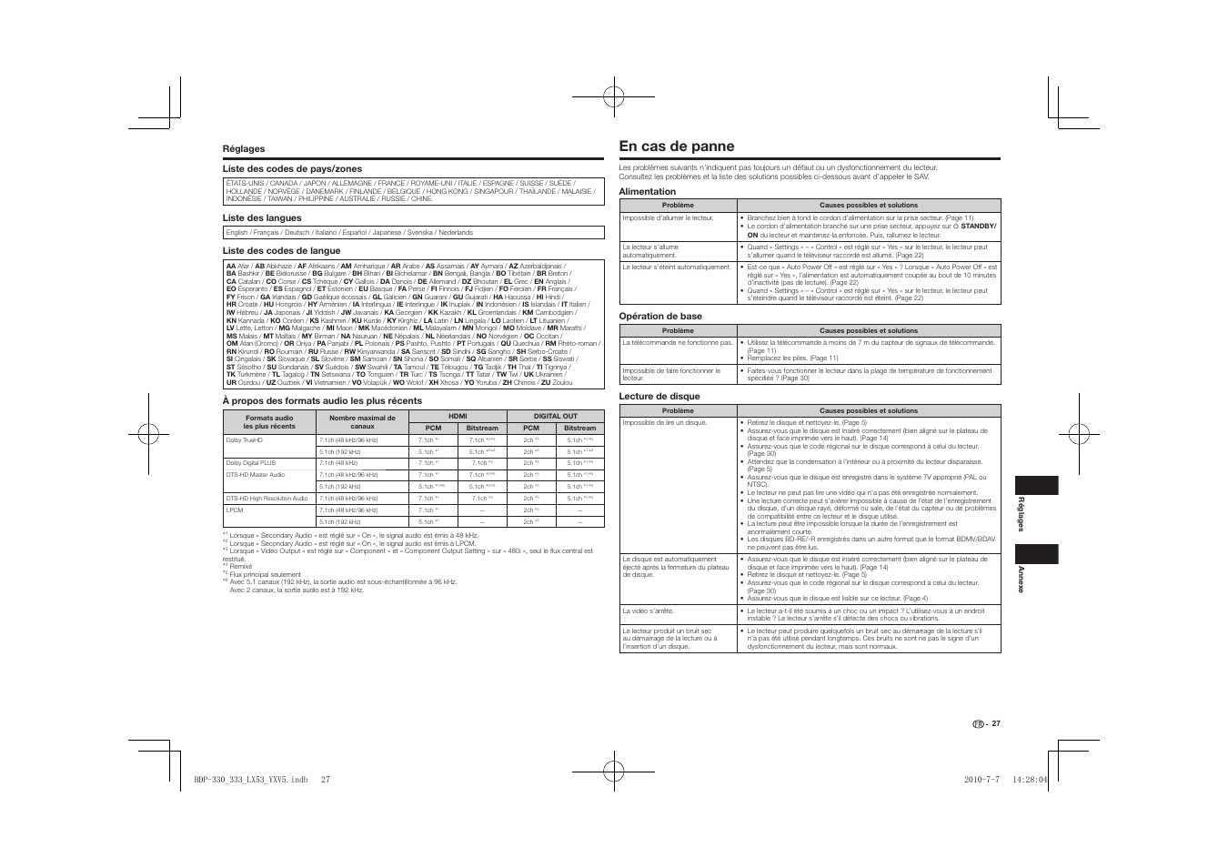 En cas de panne | Pioneer BDP-LX53 User Manual | Page 27 / 156