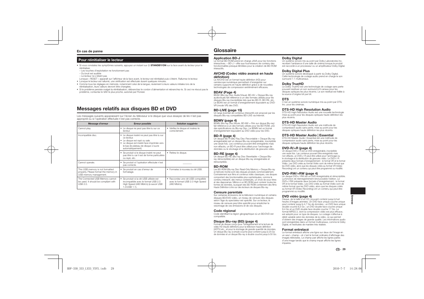 Pour réinitialiser le lecteur, Messages relatifs aux disques bd et dvd glossaire, Messages relatifs aux disques bd et dvd | Glossaire | Pioneer BDP-LX53 User Manual | Page 29 / 156