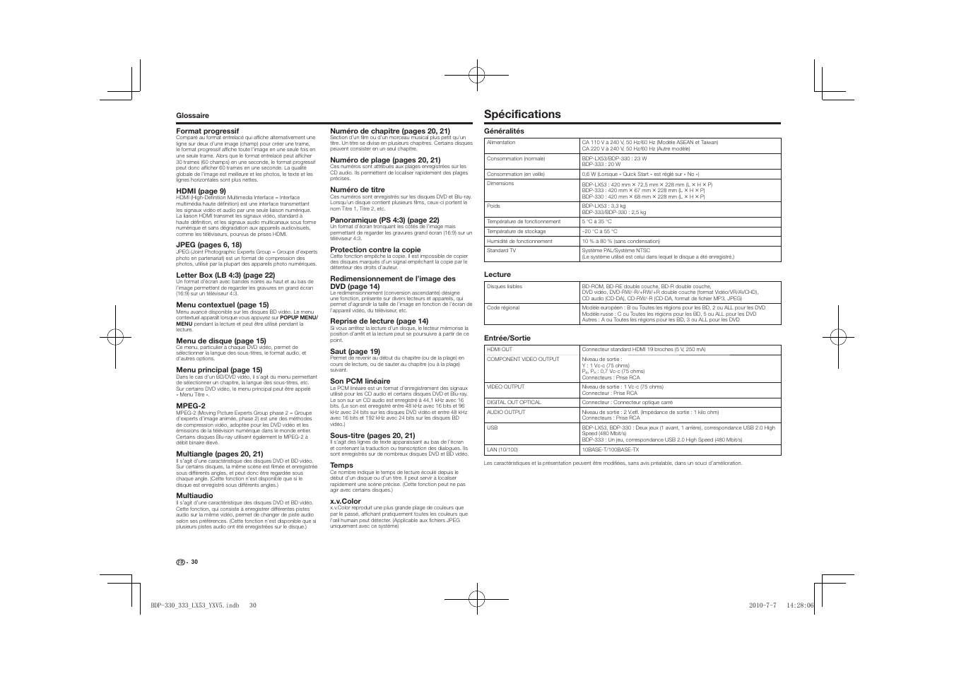 Spécifications | Pioneer BDP-LX53 User Manual | Page 30 / 156