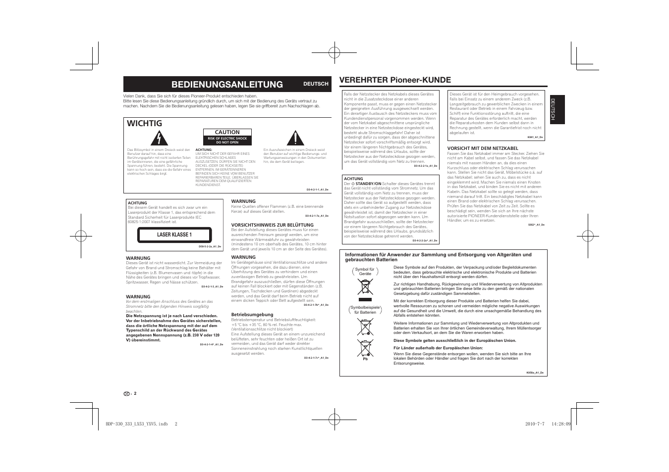Bedienungsanleitung, Wichtig, Verehrter pioneer-kunde | Pioneer BDP-LX53 User Manual | Page 34 / 156