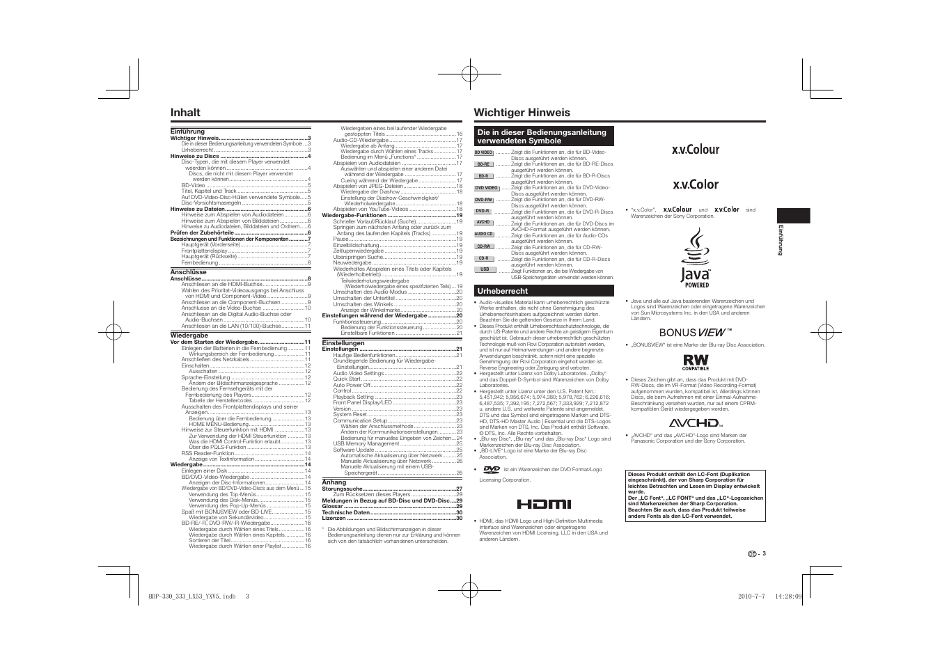 Ungsanleitung | istr, Blu-ray disc spieler, Inhalt | Wichtiger hinweis | Pioneer BDP-LX53 User Manual | Page 35 / 156