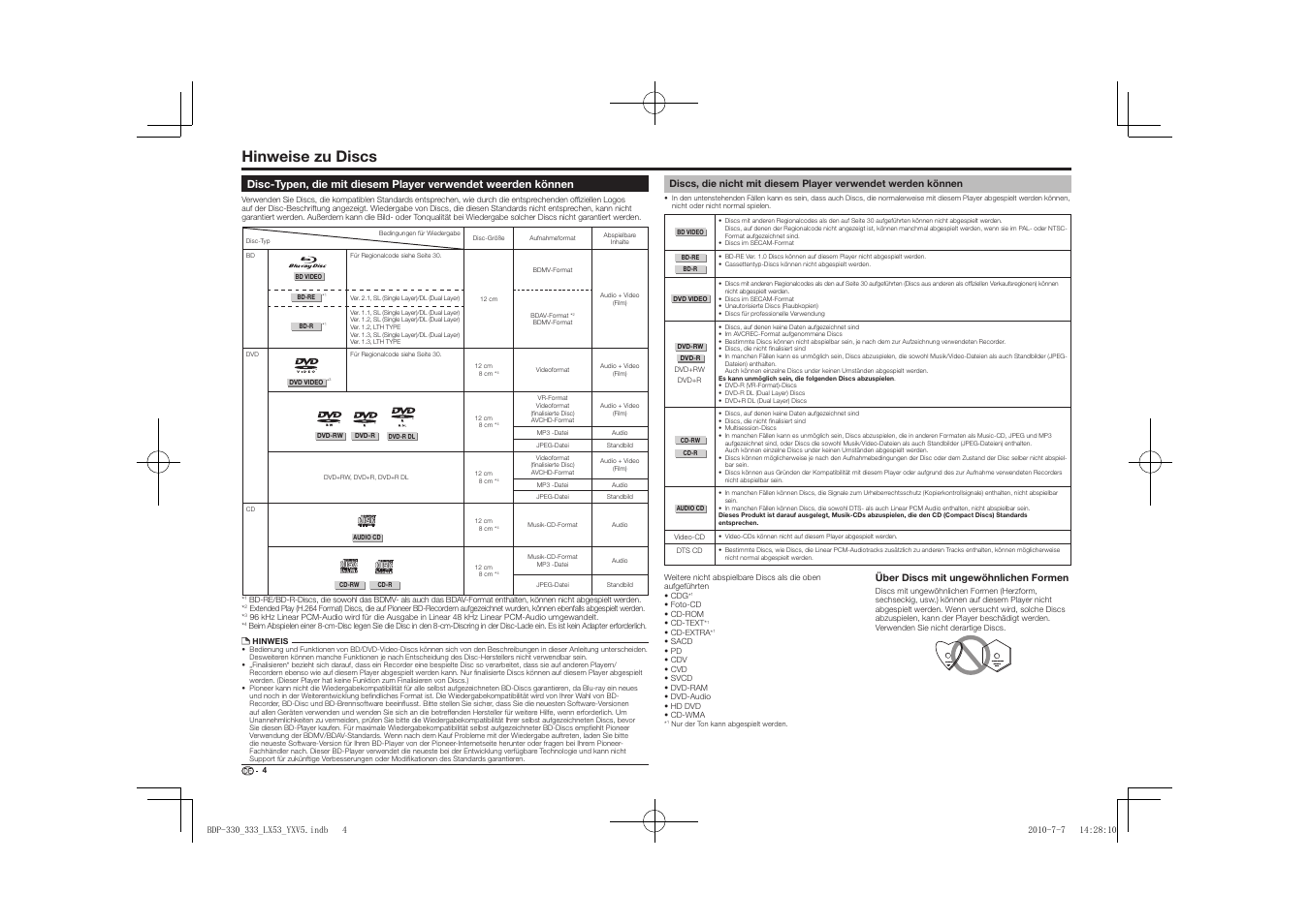 Hinweise zu discs, Disc-typen, die mit diesem player verwendet, Weerden können | Discs, die nicht mit diesem player verwendet, Werden können | Pioneer BDP-LX53 User Manual | Page 36 / 156