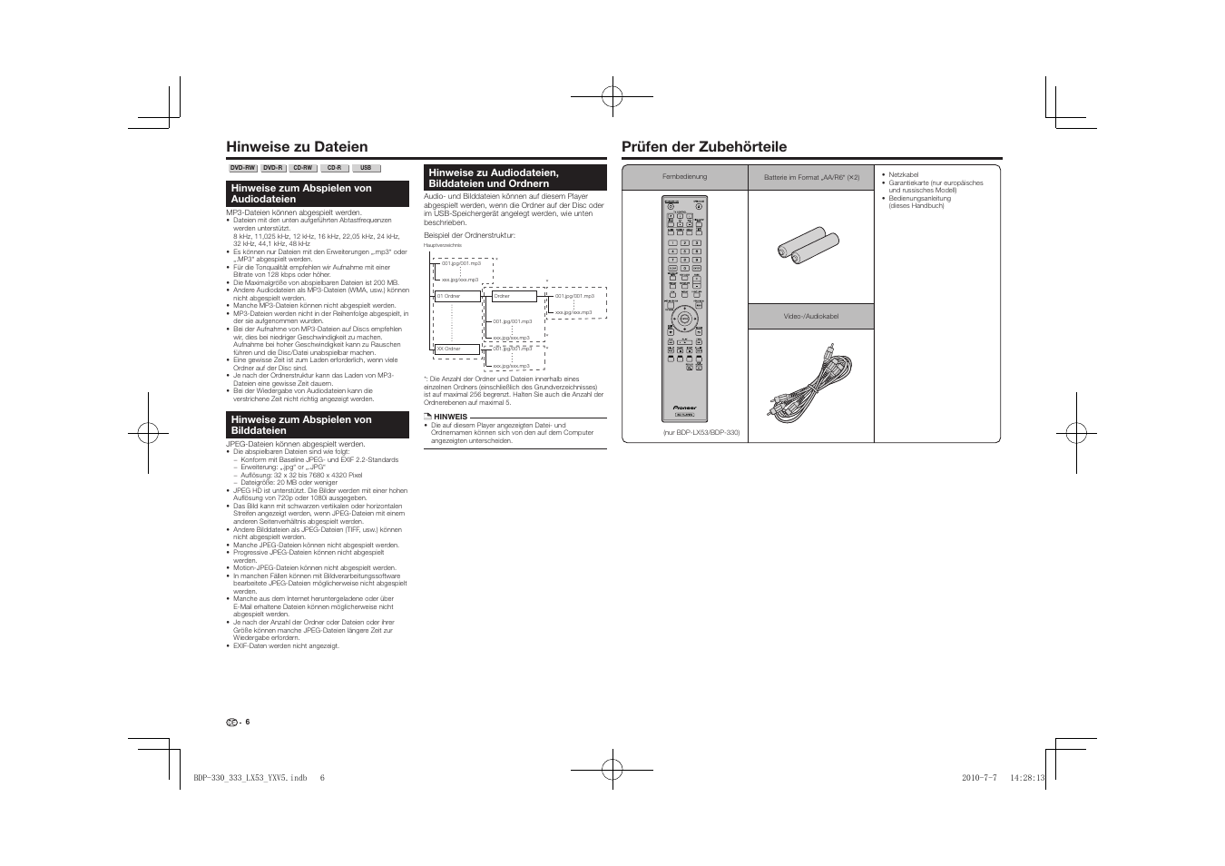 Hinweise zu dateien, Prüfen der zubehörteile | Pioneer BDP-LX53 User Manual | Page 38 / 156