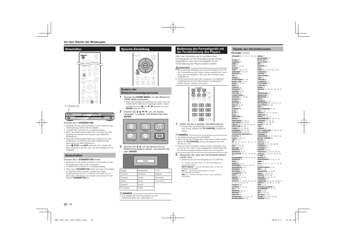 Einschalten, Ausschalten, Sprache-einstellung | Ändern der bildschirmanzeigesprache, Bedienung des fernsehgeräts mit der, Fernbedienung des players, Tabelle der herstellercodes, Standby/on pqls usb fl off hdmi open/close | Pioneer BDP-LX53 User Manual | Page 44 / 156