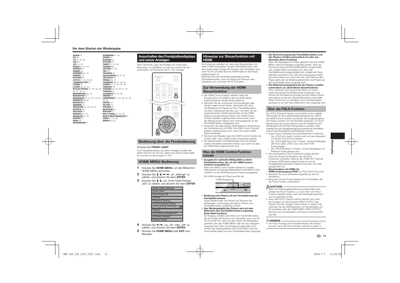 Ausschalten des frontplattendisplays und seiner, Anzeigen, Hinweise zur steuerfunktion mit hdmi | Pqls usb fl off hdmi open/close | Pioneer BDP-LX53 User Manual | Page 45 / 156